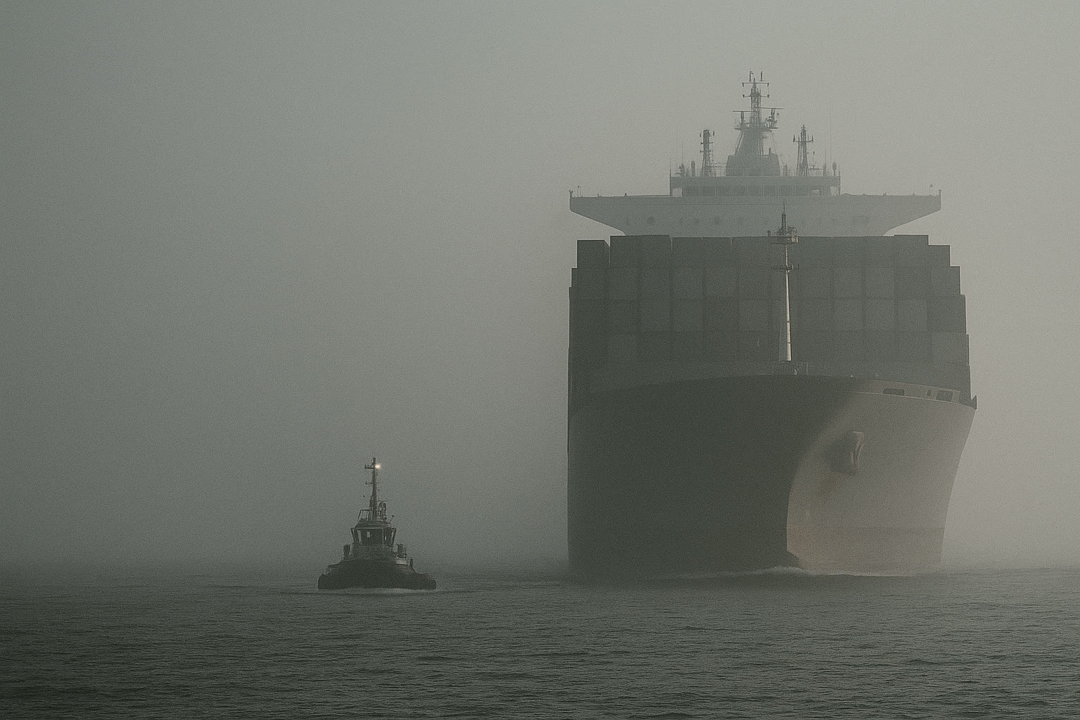 A loaded container ship coming bow-on out of morning haze, its escort tug running ahead